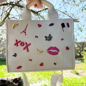 Betsey Johnson Cream Paris Embossed Charm Tote Square Satchel XONORA